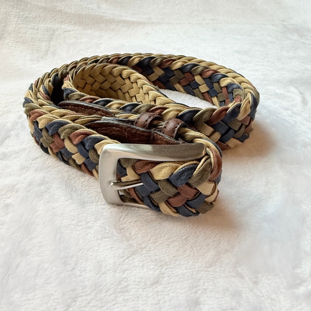 Vintage Braided Leather Belt Size 42 Multicolor Woven Solid Brass Buckle